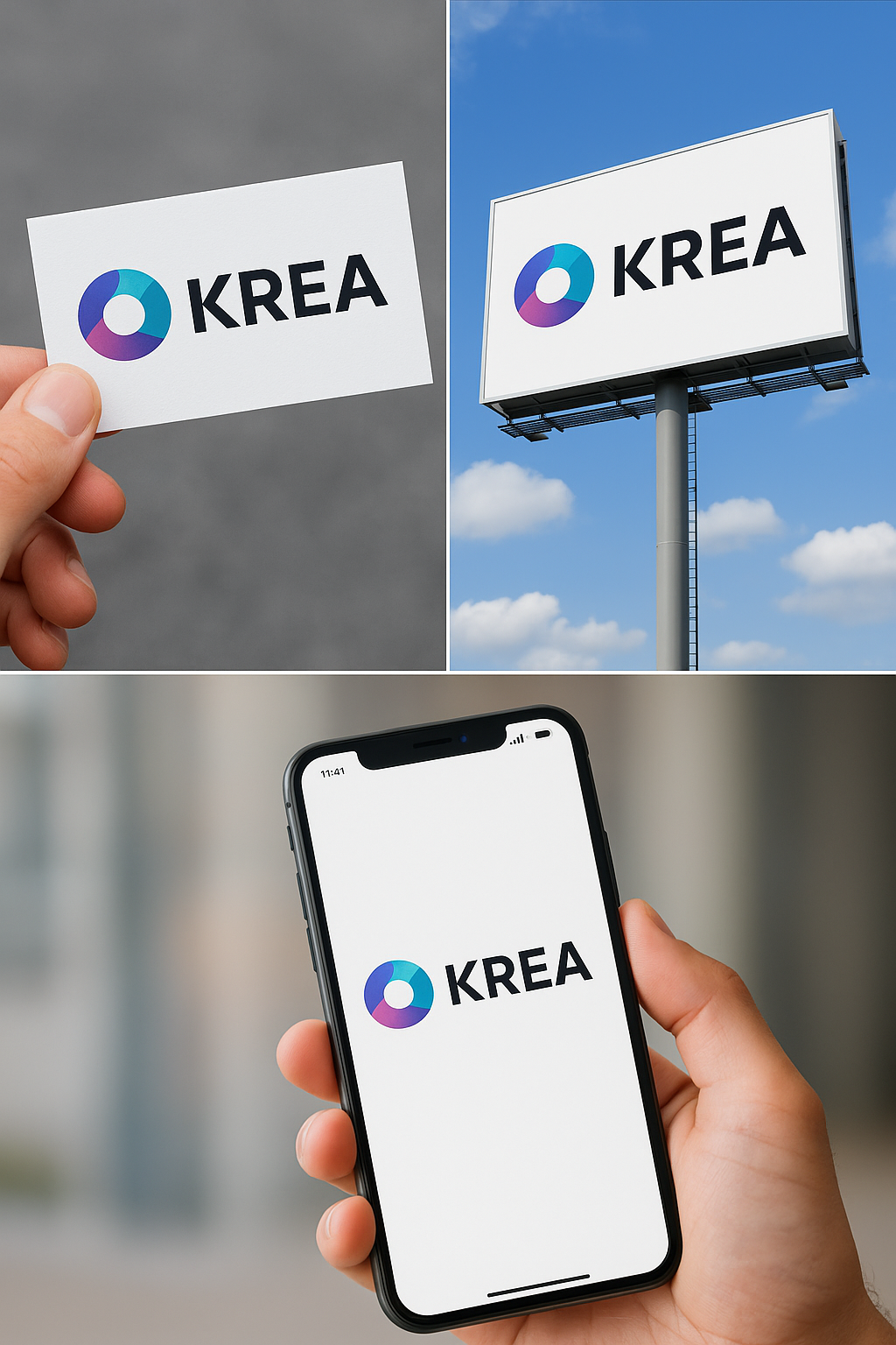 Examples of Krea AI generated mockups on business card, billboard, and phone